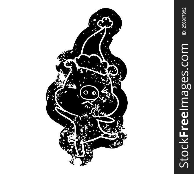 Cartoon Distressed Icon Of A Furious Pig Wearing Santa Hat