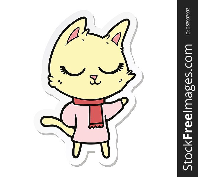 Sticker Of A Calm Cartoon Cat Wearing Scarf
