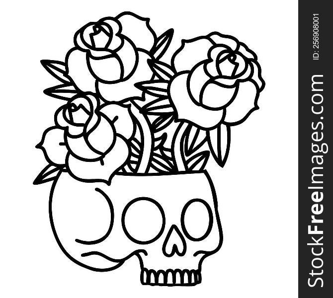 tattoo in black line style of a skull and roses. tattoo in black line style of a skull and roses