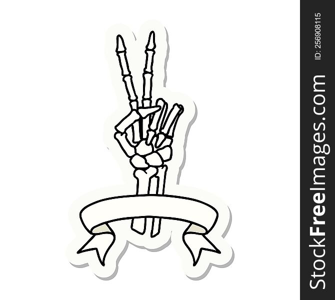 tattoo style sticker with banner of a skeleton giving a peace sign. tattoo style sticker with banner of a skeleton giving a peace sign