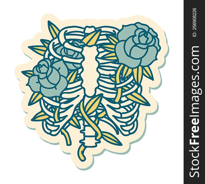 sticker of tattoo in traditional style of a rib cage and flowers. sticker of tattoo in traditional style of a rib cage and flowers