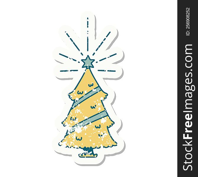 Grunge Sticker Of Tattoo Style Christmas Tree With Star
