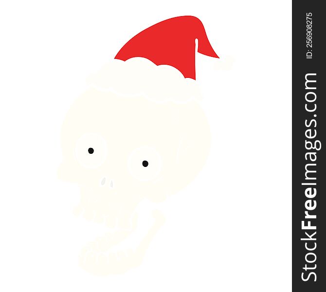 Flat Color Illustration Of A Skull Wearing Santa Hat