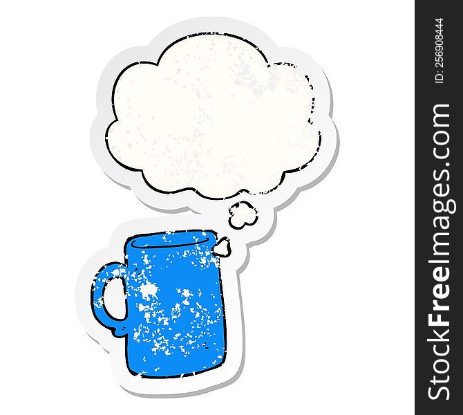 cartoon mug with thought bubble as a distressed worn sticker