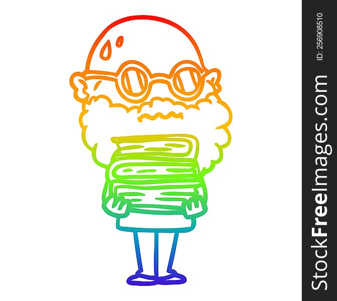 rainbow gradient line drawing of a cartoon worried man with beard and stack of books