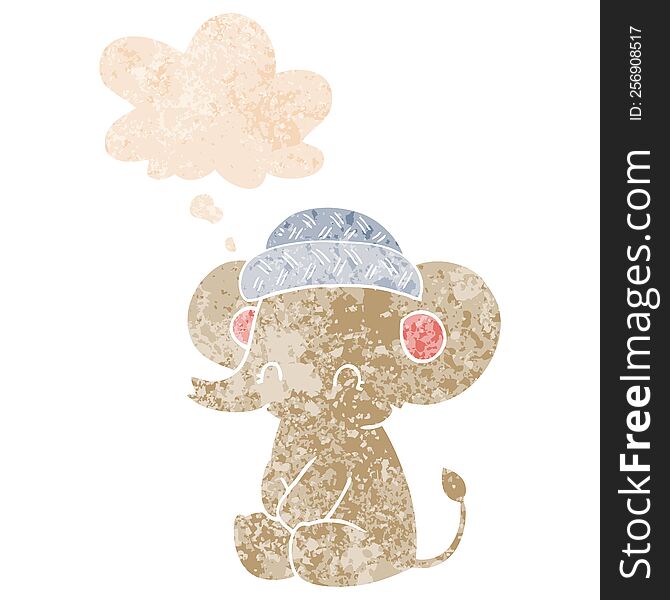 Cartoon Cute Elephant And Thought Bubble In Retro Textured Style