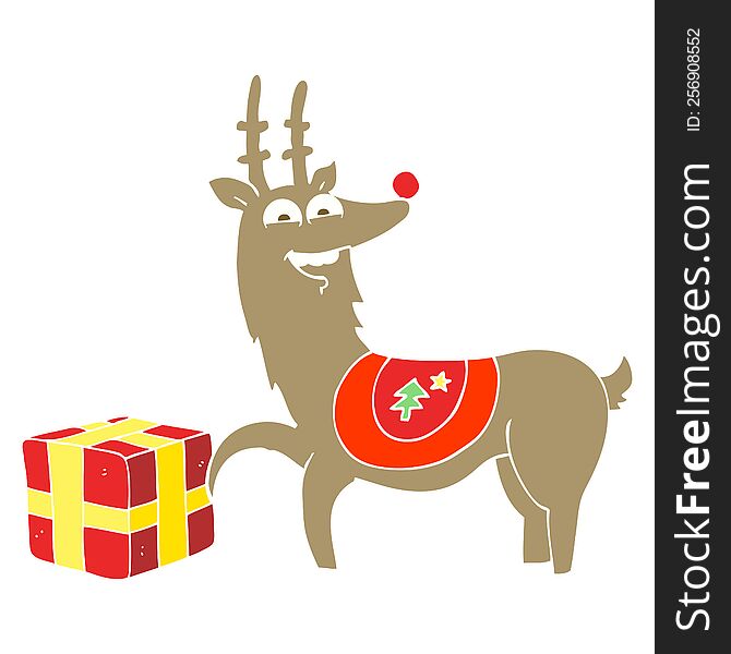 flat color illustration of a cartoon christmas reindeer with present