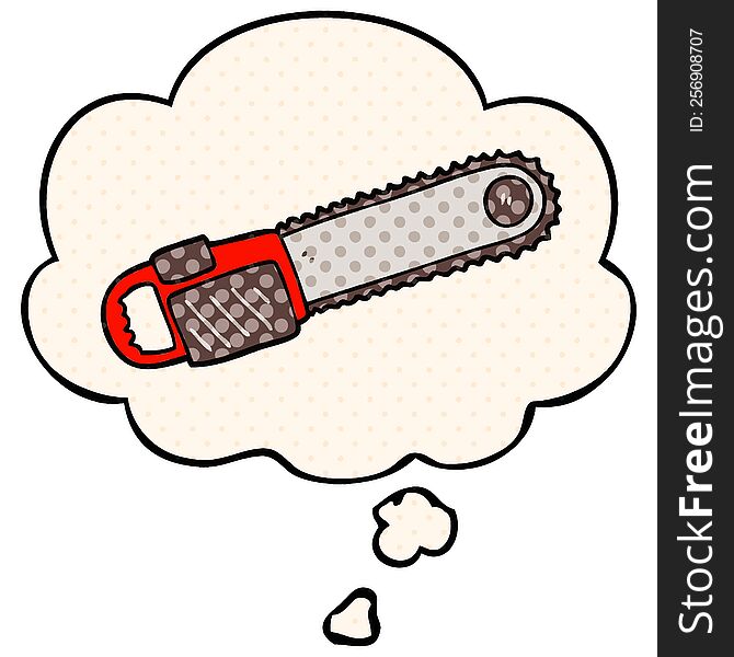 cartoon chainsaw with thought bubble in comic book style