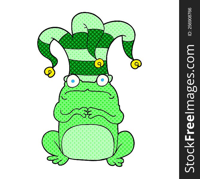 cartoon nervous frog wearing jester hat