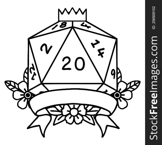 Black and White Tattoo linework Style natural 20 critical hit D20 dice roll. Black and White Tattoo linework Style natural 20 critical hit D20 dice roll