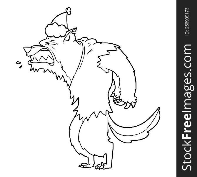 angry werewolf line drawing of a wearing santa hat