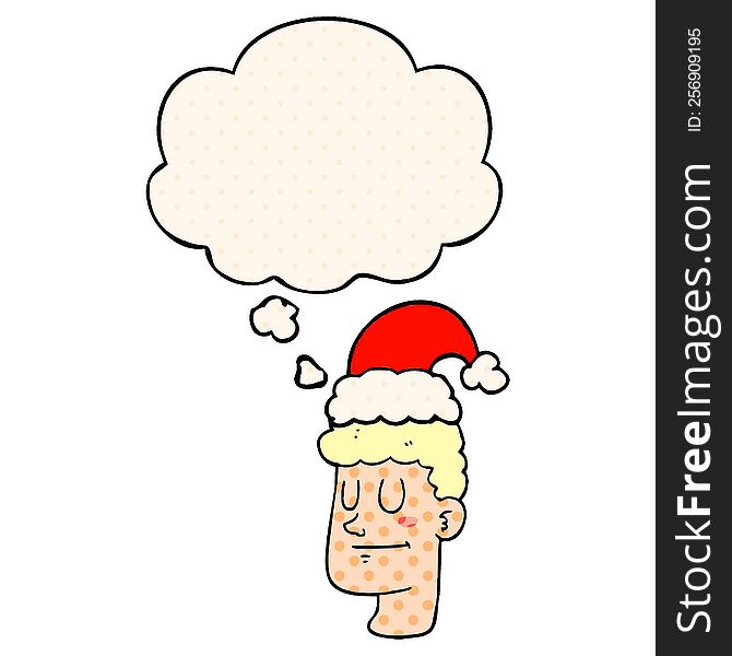 cartoon man wearing christmas hat with thought bubble in comic book style