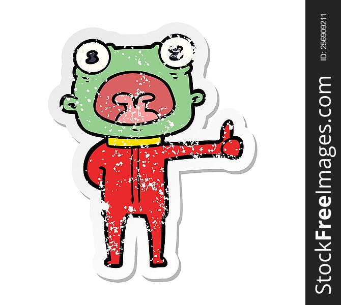 distressed sticker of a cartoon weird alien communicating