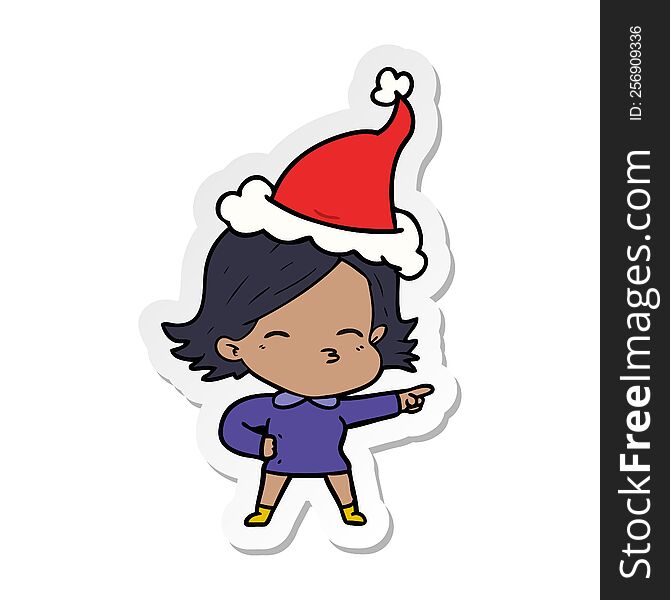 hand drawn sticker cartoon of a woman pointing wearing santa hat