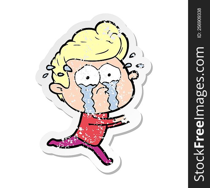 distressed sticker of a cartoon crying man running