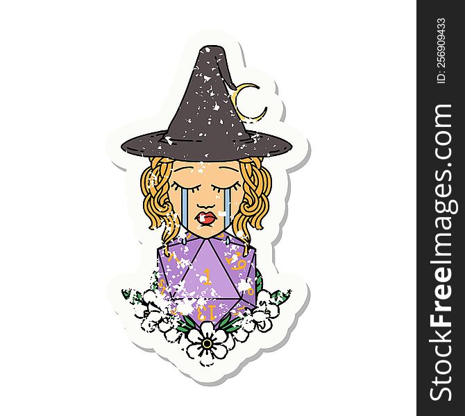 grunge sticker of a crying human witch with natural one D20 dice roll. grunge sticker of a crying human witch with natural one D20 dice roll