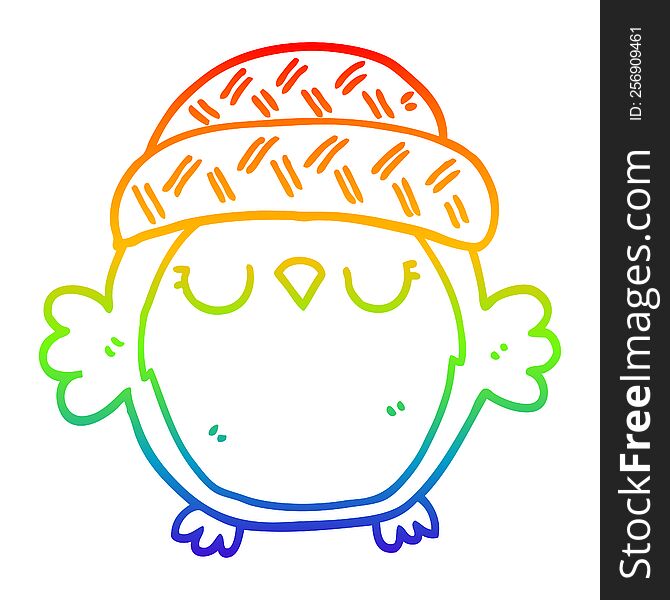 Rainbow Gradient Line Drawing Cute Cartoon Owl In Hat