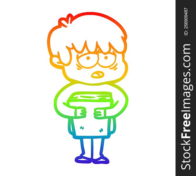 Rainbow Gradient Line Drawing Cartoon Exhausted Boy Holding Book