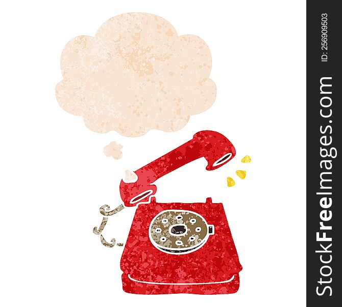 cartoon ringing telephone with thought bubble in grunge distressed retro textured style. cartoon ringing telephone with thought bubble in grunge distressed retro textured style