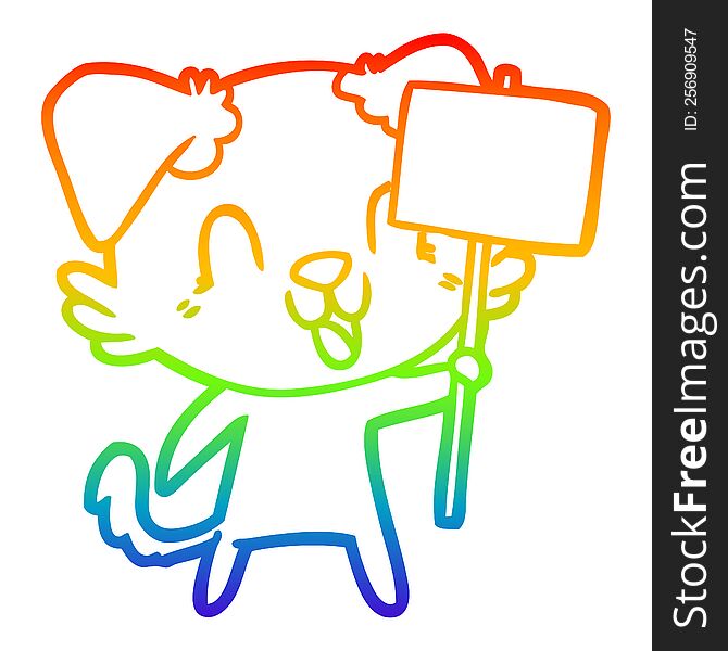 Rainbow Gradient Line Drawing Laughing Cartoon Dog With Sign