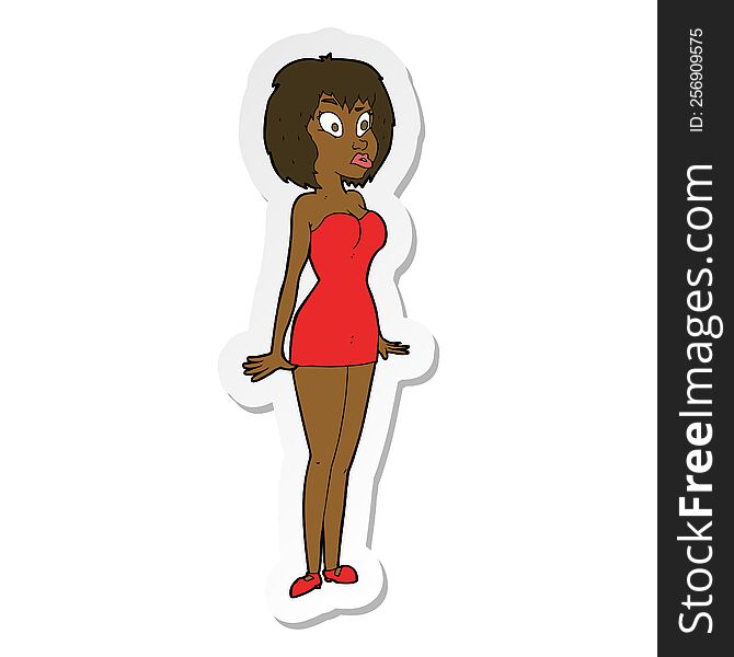 sticker of a cartoon surprised woman in short dress