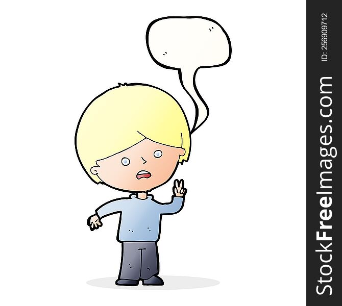 cartoon unhappy boy giving peace sign with speech bubble
