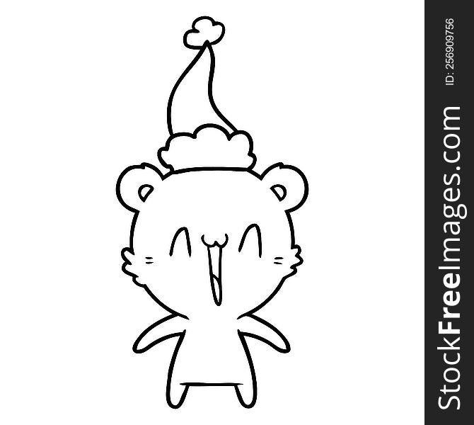 Happy Polar Bear Line Drawing Of A Wearing Santa Hat