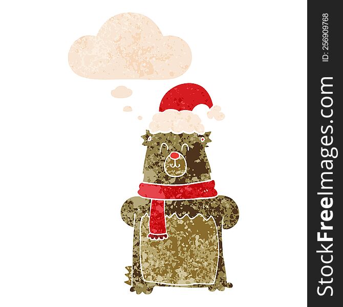 Cartoon Bear Wearing Christmas Hat And Thought Bubble In Retro Textured Style