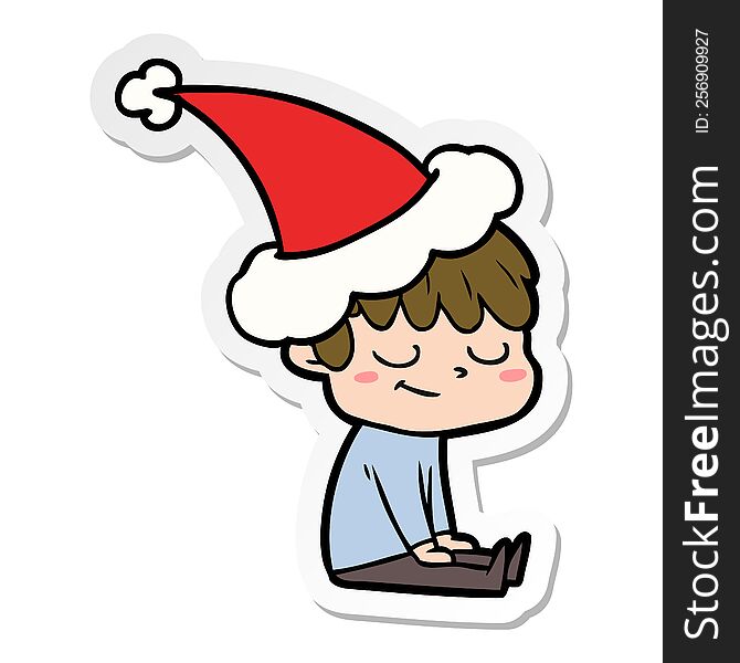 Sticker Cartoon Of A Happy Boy Wearing Santa Hat