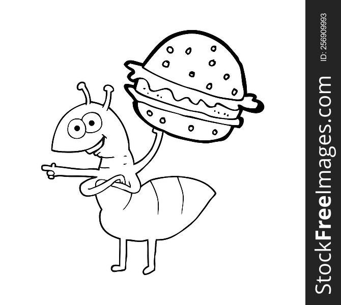 freehand drawn black and white cartoon ant carrying food