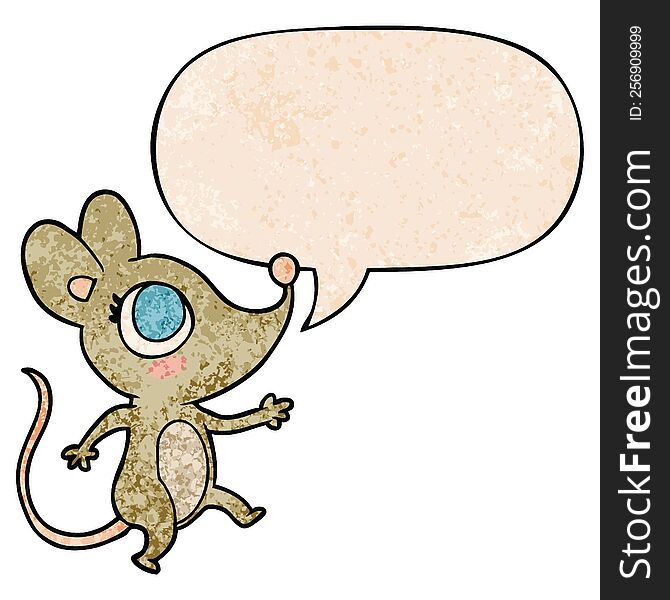 cute cartoon mouse with speech bubble in retro texture style