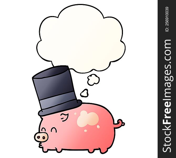 cartoon pig wearing top hat with thought bubble in smooth gradient style
