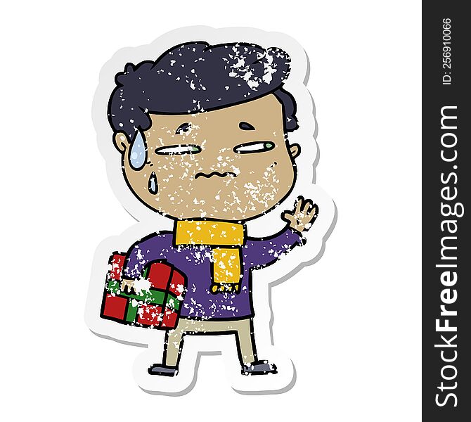 distressed sticker of a cartoon anxious man with christmas gift