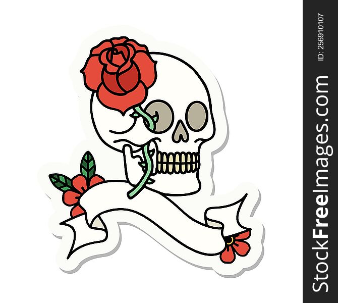 Tattoo Sticker With Banner Of A Skull And Rose