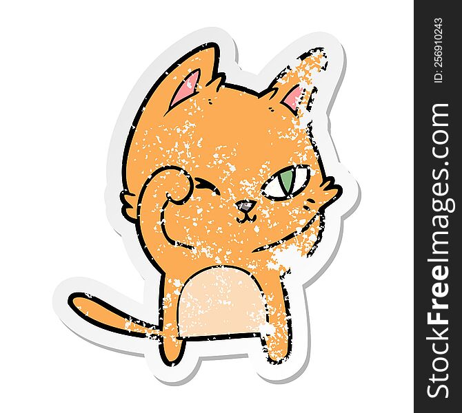 distressed sticker of a cartoon cat rubbing eye