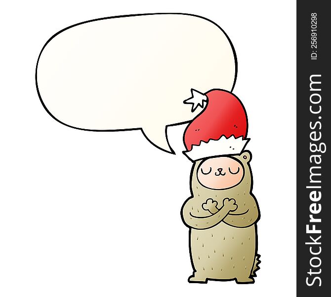 Cartoon Bear Wearing Christmas Hat And Speech Bubble In Smooth Gradient Style