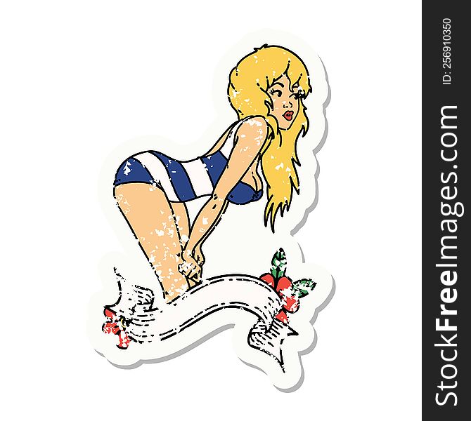 distressed sticker tattoo in traditional style of a pinup girl in swimming costume with banner. distressed sticker tattoo in traditional style of a pinup girl in swimming costume with banner