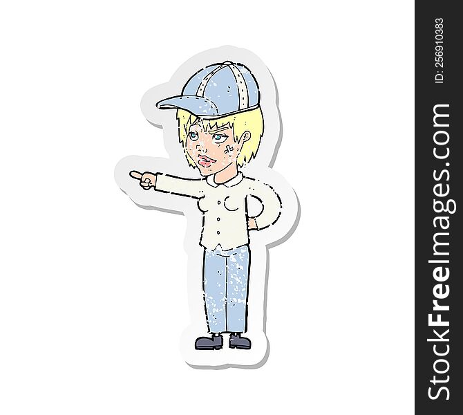 Retro Distressed Sticker Of A Cartoon Woman Pointing