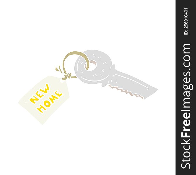 flat color illustration of a cartoon house key with new home tag