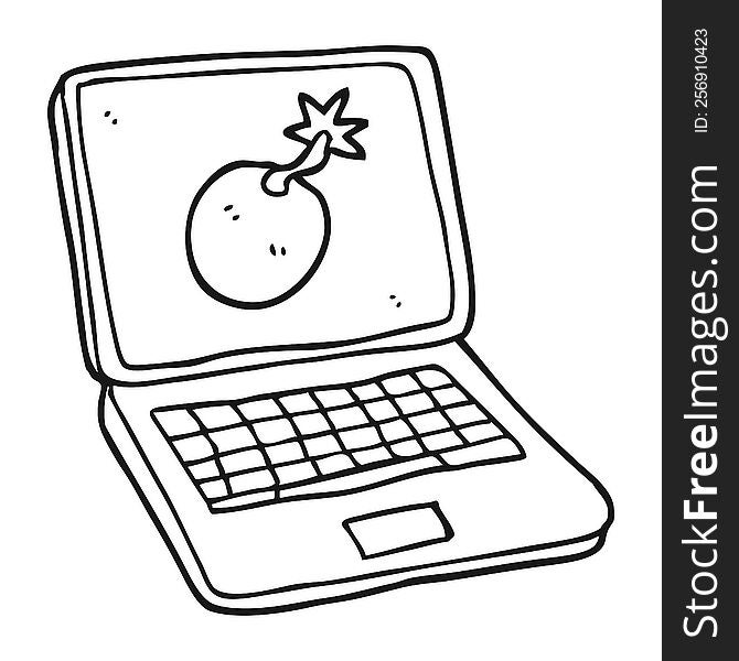 freehand drawn black and white cartoon laptop computer with error screen