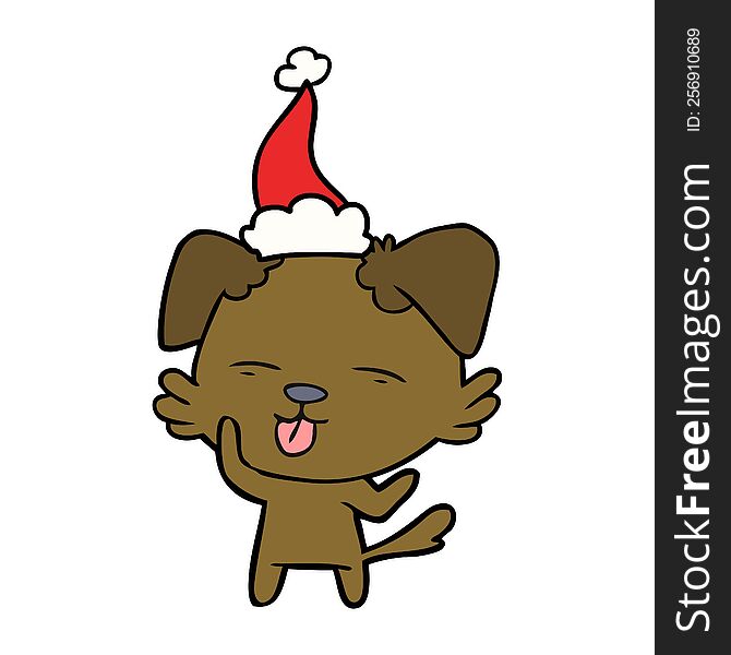 hand drawn line drawing of a dog sticking out tongue wearing santa hat