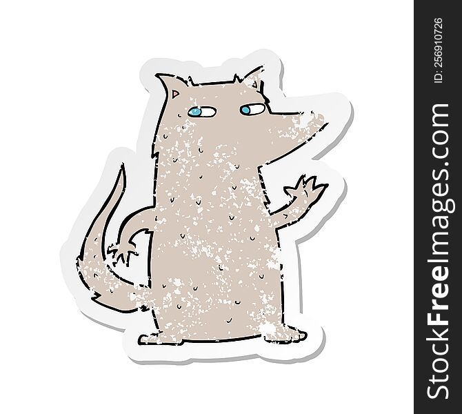 Retro Distressed Sticker Of A Cartoon Wolf Waving