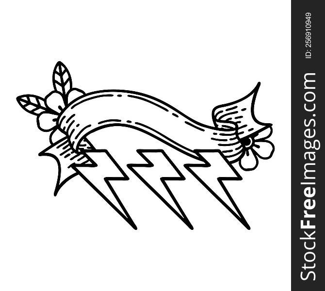 Black Linework Tattoo With Banner Of Lightning  Bolts