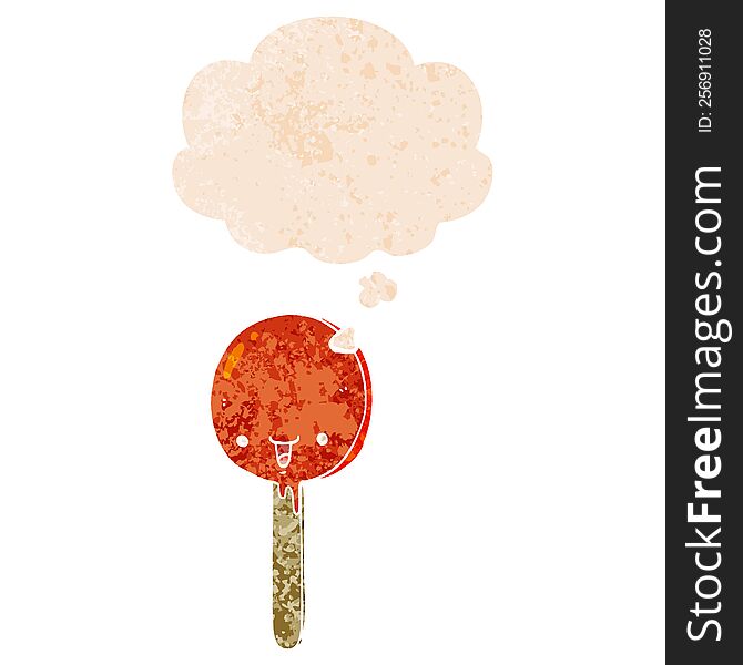 cartoon candy lollipop with thought bubble in grunge distressed retro textured style. cartoon candy lollipop with thought bubble in grunge distressed retro textured style