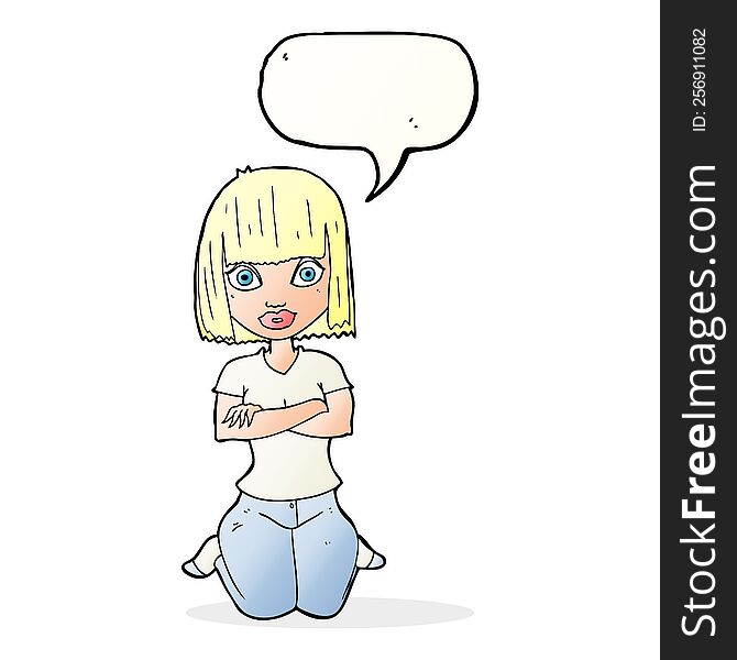 Cartoon Woman Kneeling With Speech Bubble