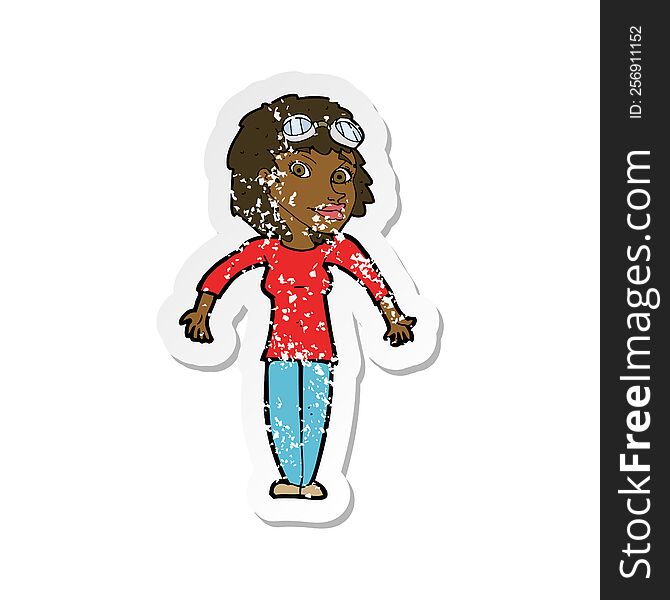 retro distressed sticker of a cartoon woman wearing goggles