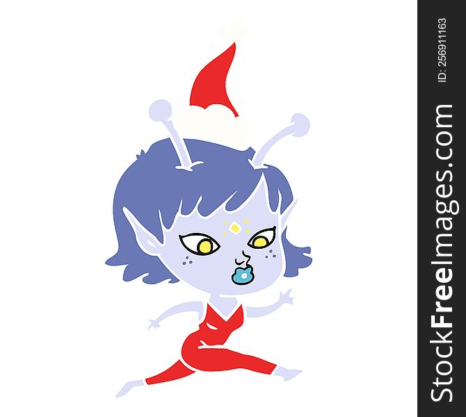 pretty hand drawn flat color illustration of a alien girl running wearing santa hat