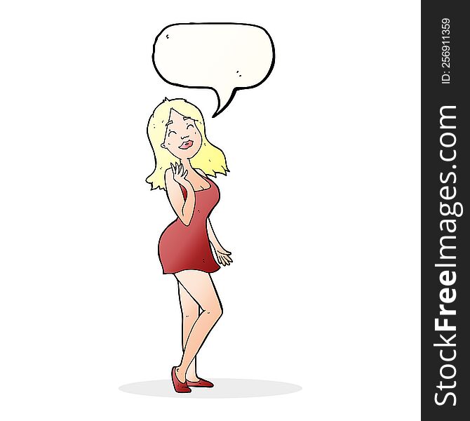 Cartoon Pretty Woman In Cocktail Dress With Speech Bubble