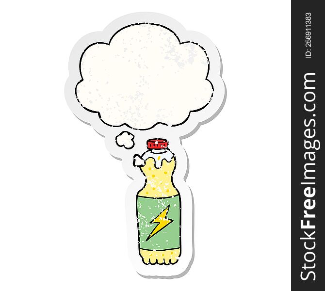 cartoon soda bottle with thought bubble as a distressed worn sticker