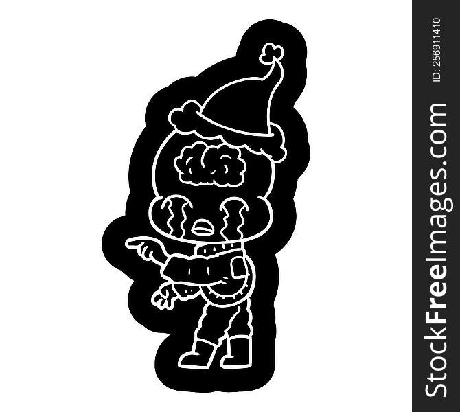 cartoon icon of a big brain alien crying and pointing wearing santa hat